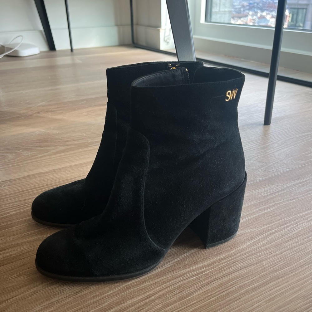 Stuart Weitzman Black Suede Ankle Boots Block Heel 7